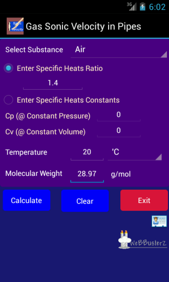 Gas Sonic Velocity calculator Main Screen