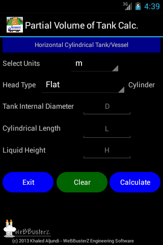 Partial Tank Volume Calculator Main Screen