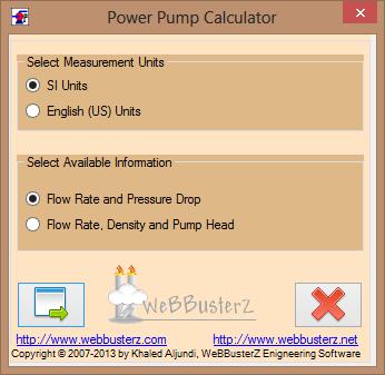 Pump Power Calculator Main Screen