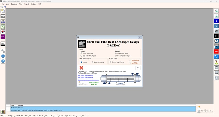 Shell and tube heat exchanger software main screen