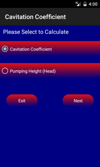 Cavitation Coefficient Main Screen